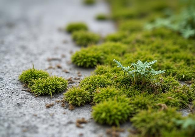 Close-up detail of Bio-Receptive Concrete texture with green micro-growth
