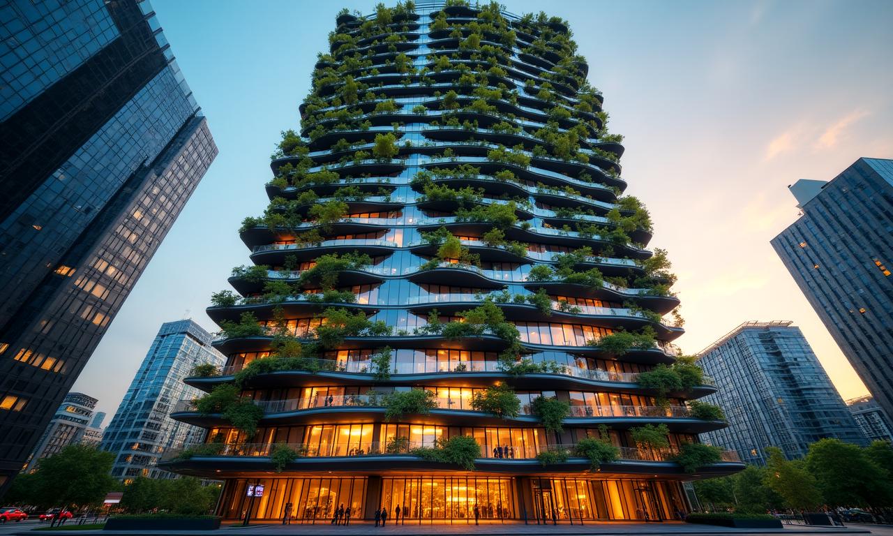 Modern sustainable glass skyscraper with integrated solar panels and greenery